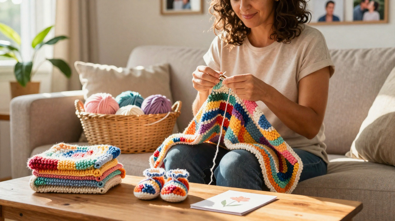Mulher sentada no sofá a fazer crochet colorido com novelos numa cesta ao lado.