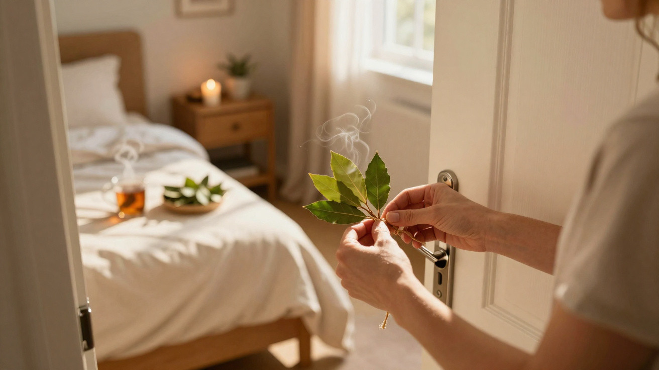Mãos seguram folhas fumegantes à entrada de um quarto com cama branca e luz natural.