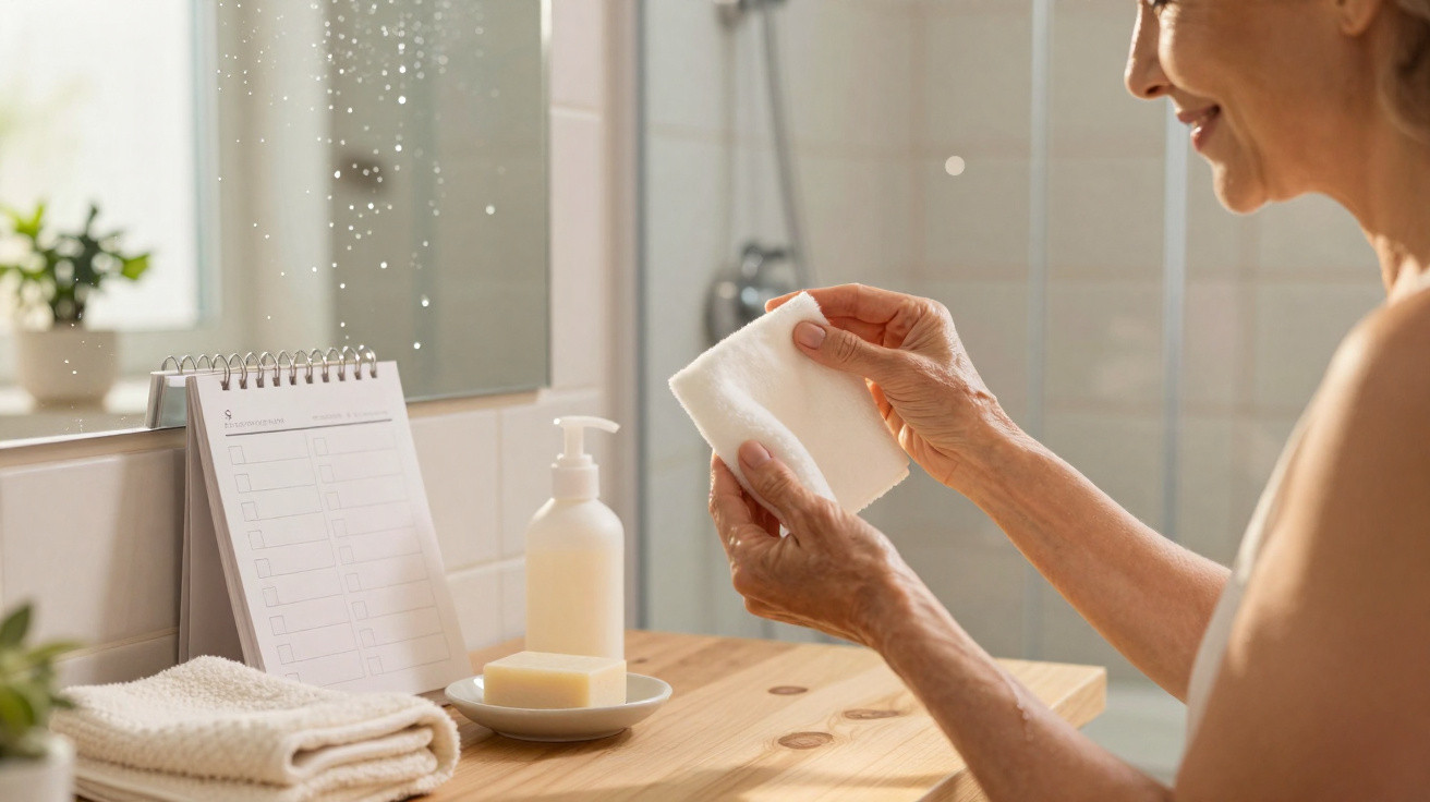 Mulher a segurar toalhete de algodão num ambiente de casa de banho com toalhas e produtos de higiene.