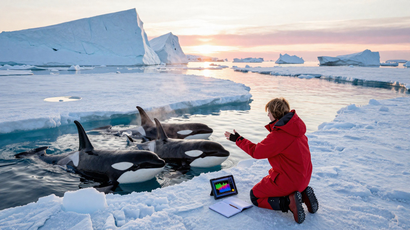 Pessoa em roupa vermelha a interagir com orcas perto de um bloco de gelo no mar gelado ao pôr do sol.
