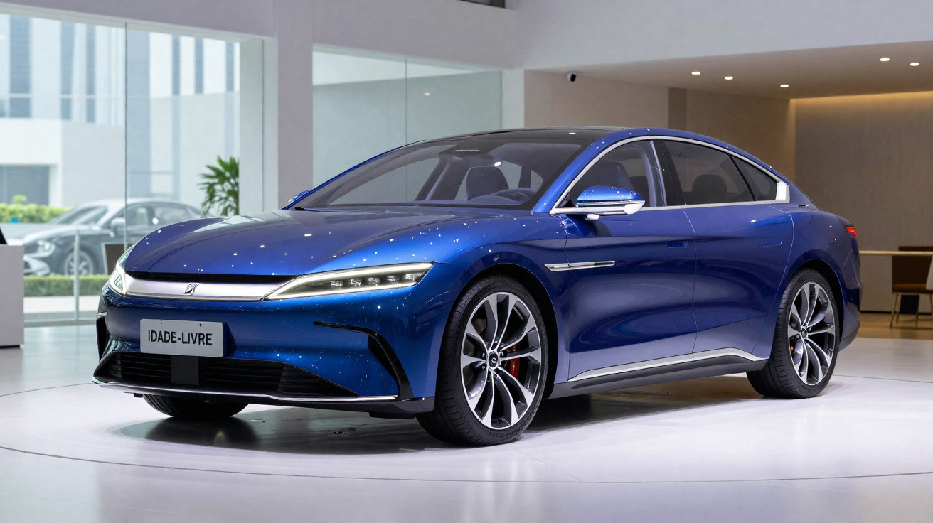 Carro elétrico sedan azul brilhante em exposição num showroom moderno com luzes refletidas na carroçaria.