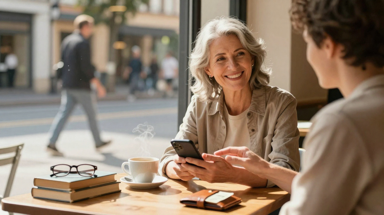 Duas pessoas sentadas na esplanada de um café, uma mulher sorridente a mostrar o telemóvel à outra.