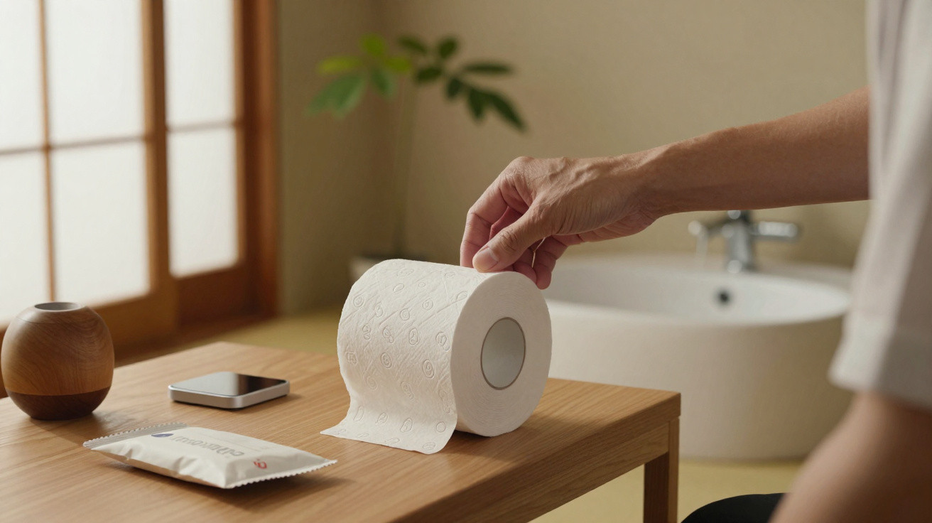 Mão a pegar numa folha de papel higiénico sobre uma mesa de madeira numa casa de banho.