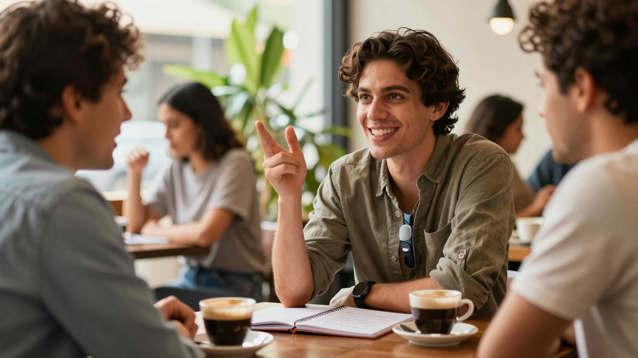 Três jovens sentados à mesa em café, com cadernos e cafés, numa conversa animada e descontraída.