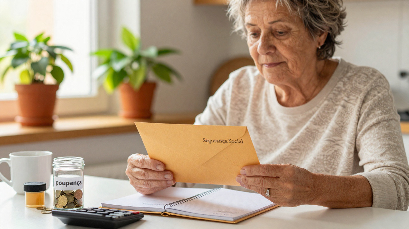 Mulher idosa a ler uma carta da Segurança Social, com cofrinho de moedas e calculadora na mesa.
