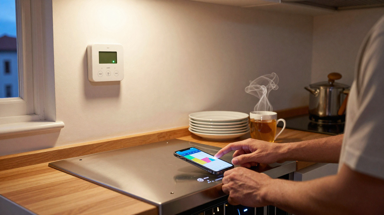 Pessoa a usar smartphone na cozinha com chá quente, pratos empilhados e comando de temperatura na parede.