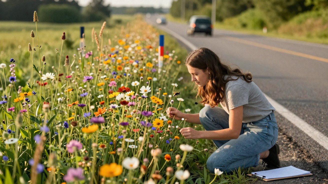 Mulher agachada colhendo flores coloridas na berma de uma estrada num dia ensolarado.