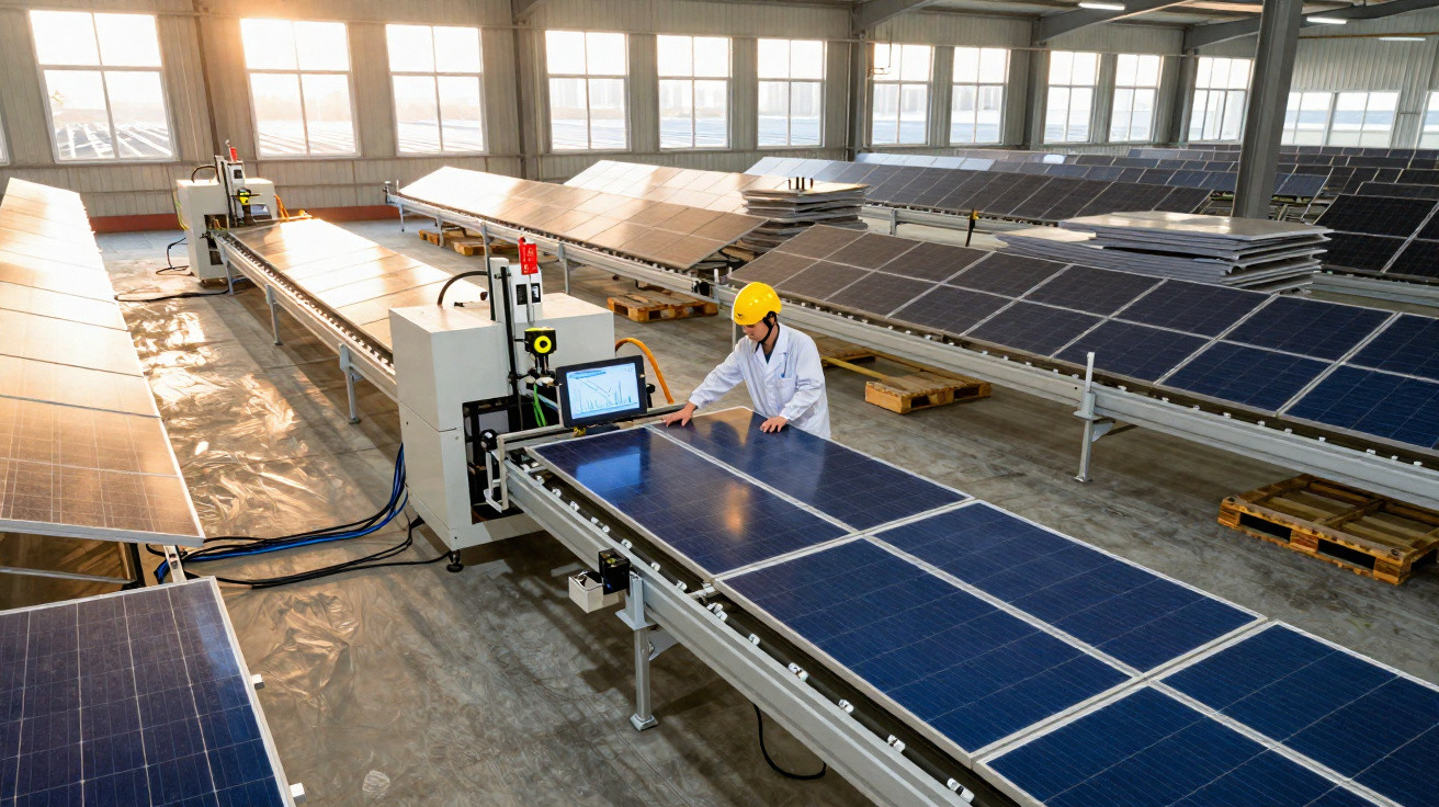 Trabalhador com capacete amarelo inspeciona painéis solares numa linha de montagem numa fábrica iluminada por luz natural.