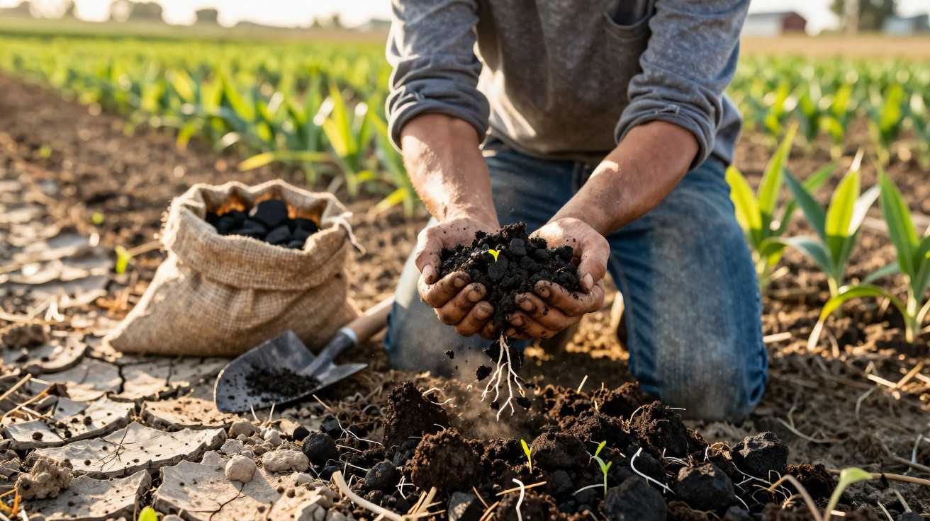 Pessoa ajoelhada a plantar uma pequena planta em solo agrícola com saco de húmus ao lado.