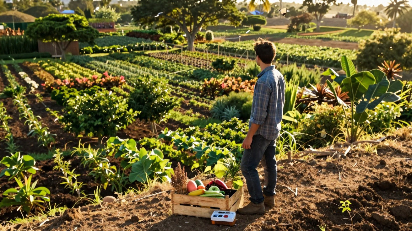 Homem de pé numa quinta agrícola observando fileiras organizadas de plantas e legumes frescos ao sol.