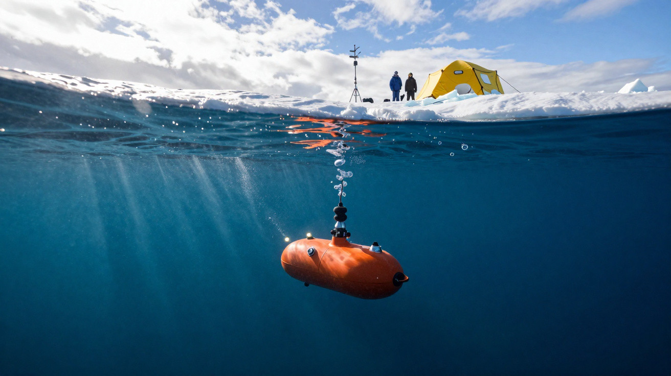 Submarino laranja a emergir debaixo de gelo, com dois exploradores e tenda amarela na superfície.