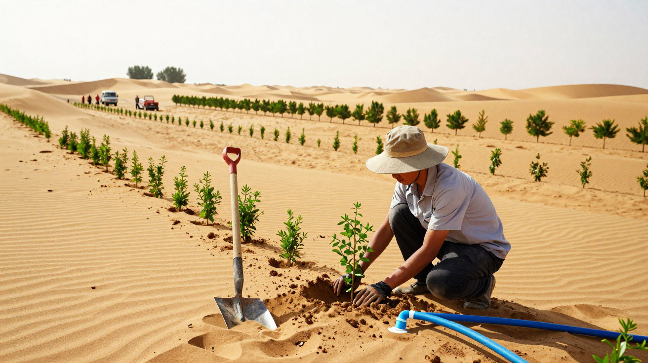 Pessoa a plantar árvores numa área desértica com areia e fileiras de plantas jovens ao fundo.