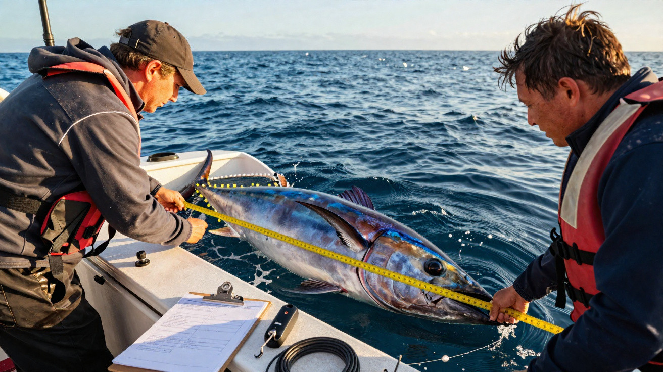 Dois pescadores medem o comprimento de um atum azul numa embarcação no mar.