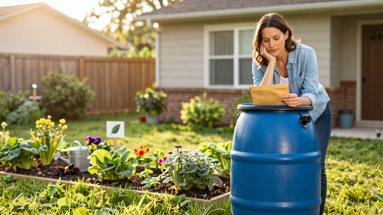 Mulher a ler uma carta junto a um barril azul num jardim com flores e plantas ao final da tarde.