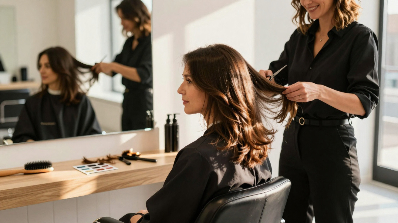 Mulher sentada a receber penteado de cabeleireira num salão de beleza com luz natural.