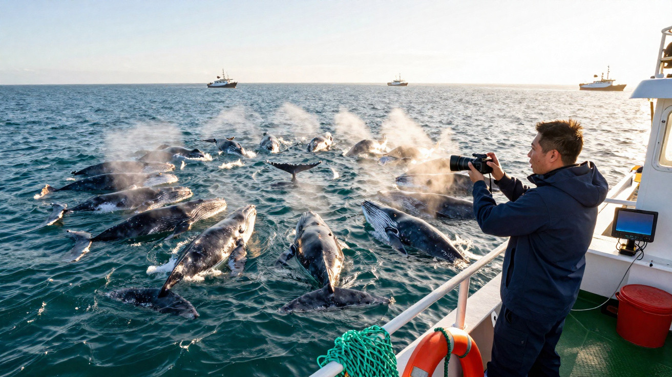 Homem fotografa grupo de baleias na superfície do mar a partir de um barco.