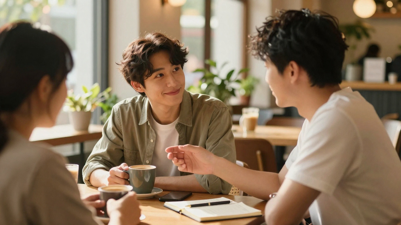 Três jovens sentados numa mesa de café, a conversar e beber café, com caderno e telemóvel à frente.