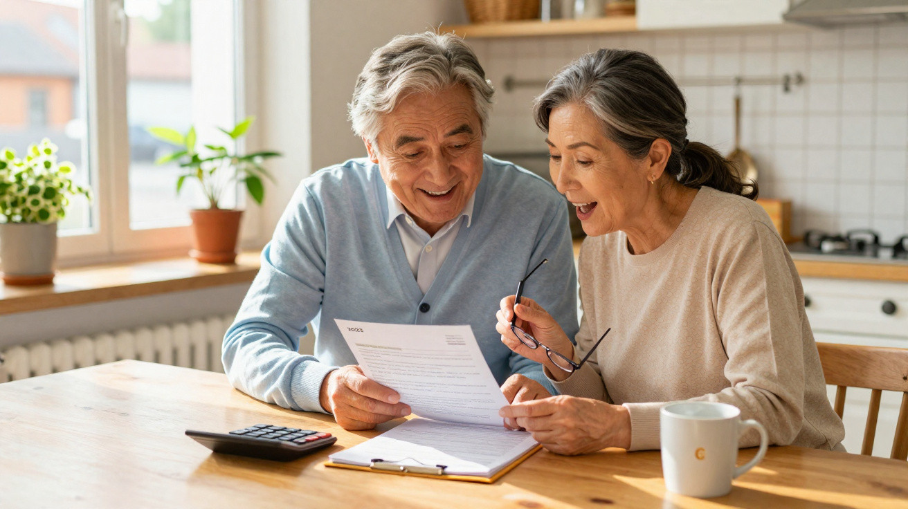 Casal sénior feliz a analisar documentos sentados à mesa numa cozinha iluminada e acolhedora.
