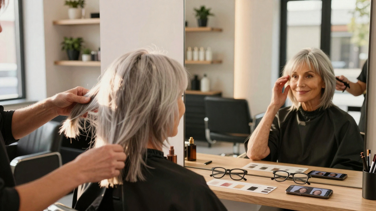 Mulher idosa com cabelo cinza médio sorri ao ver seu reflexo num espelho de cabeleireiro, enquanto estilista arruma seu cabel