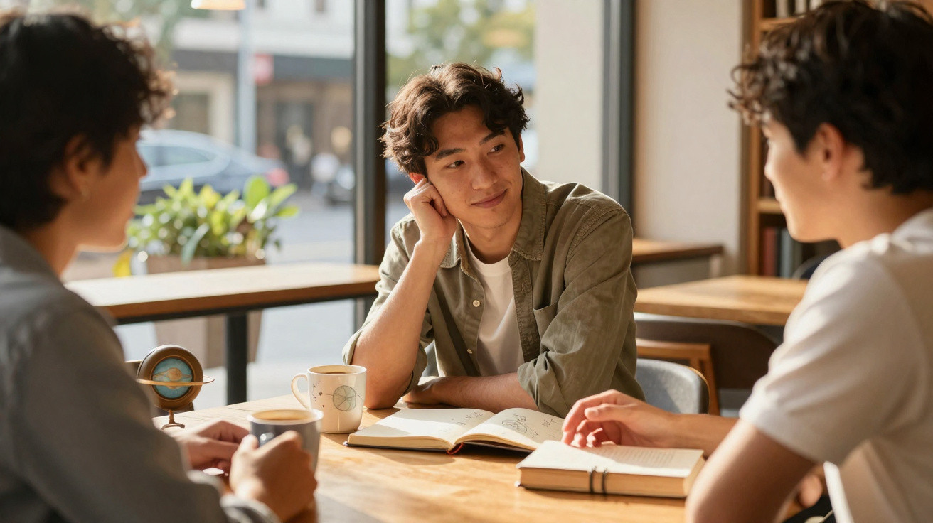 Três jovens sentados à mesa de café a conversar e ler livros com janelas e luz natural ao fundo.
