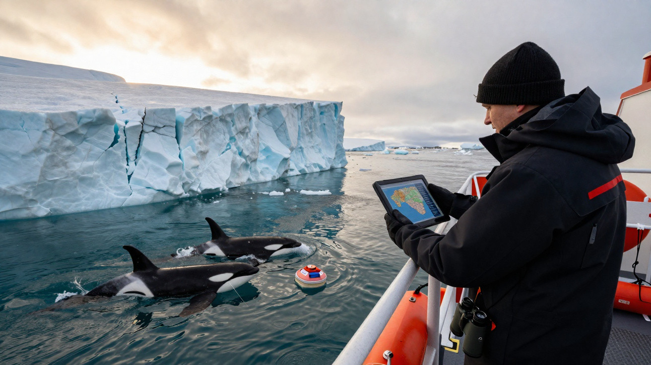 Pessoa a usar tablet num barco perto de orcas e um icebergue no mar gelado.
