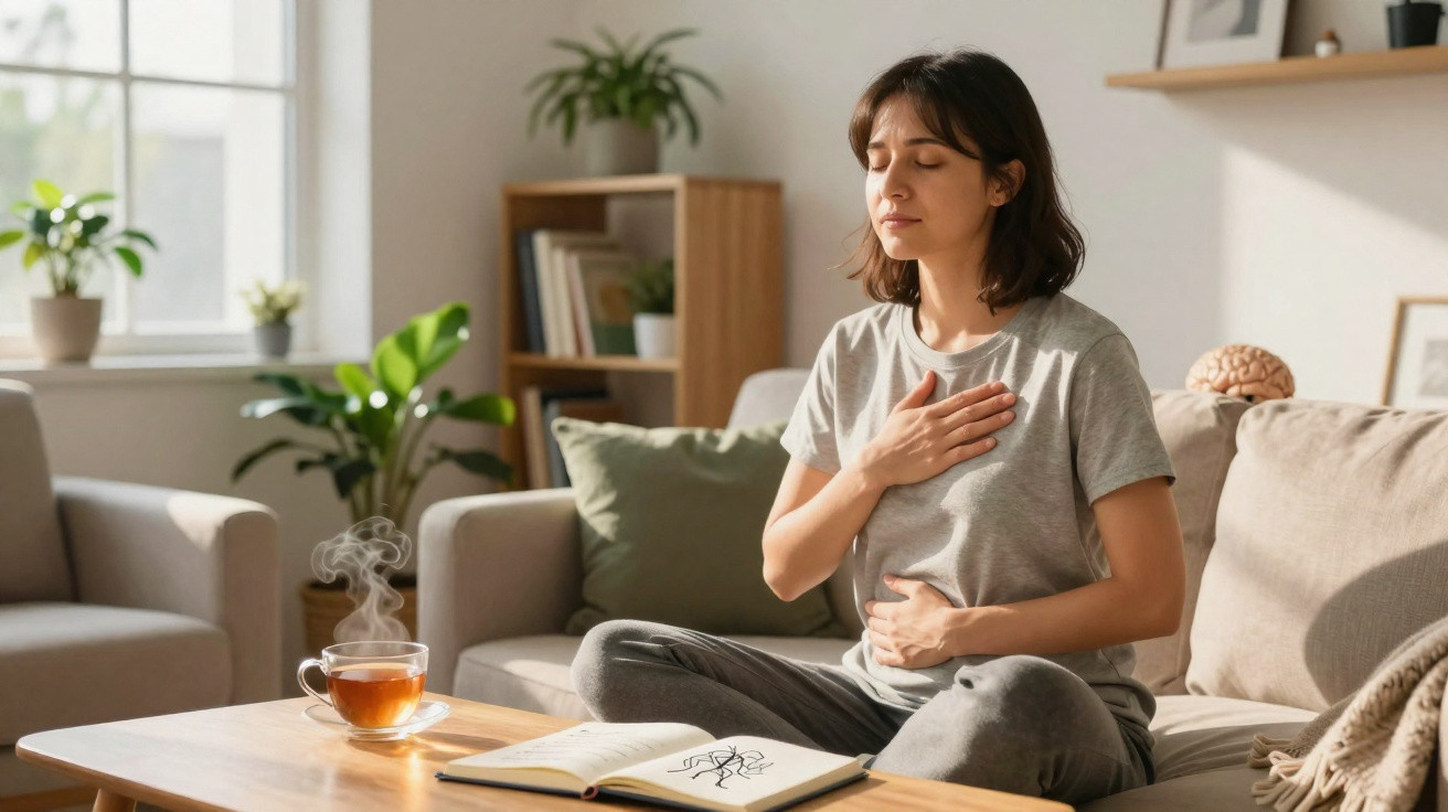 Mulher sentada no sofá, com olhos fechados, a respirar profundamente e a meditar em casa.