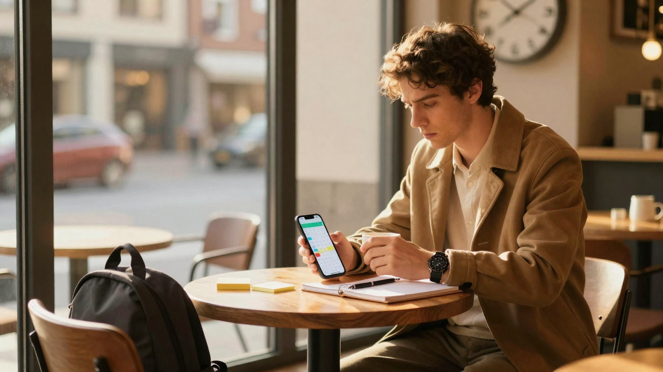 Jovem sentado num café a consultar o calendário no telemóvel, com mochila e cadernos na mesa.