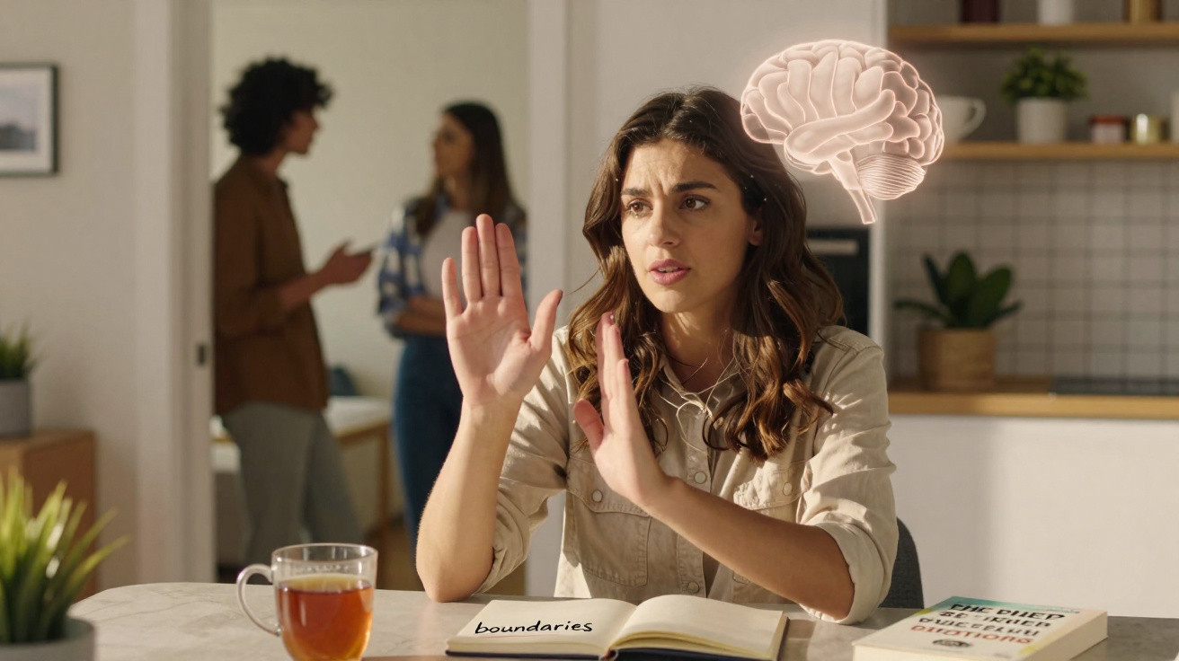 Mulher sentada à mesa a explicar limites, com ilustração de cérebro e livro sobre limites à sua frente.
