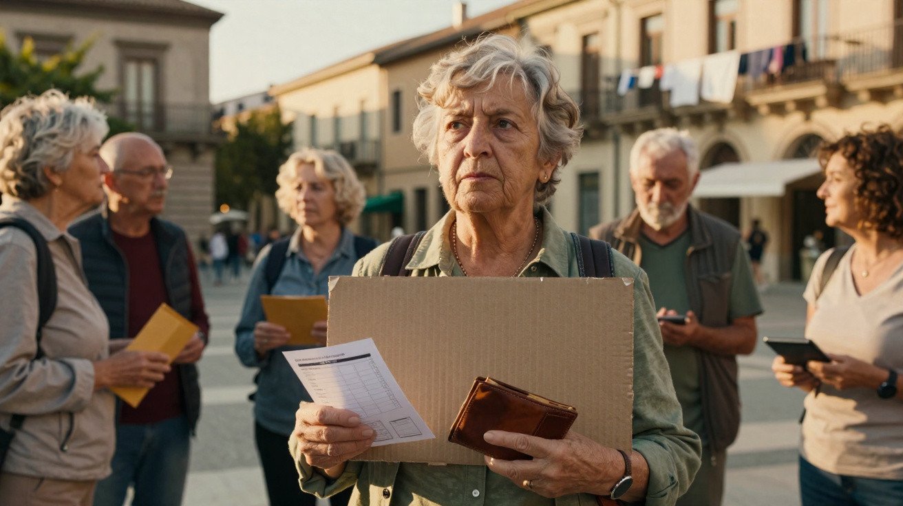 Mulher idosa segura cartaz vazio e papeis, rodeada por grupo de pessoas mais velhas numa praça urbana.