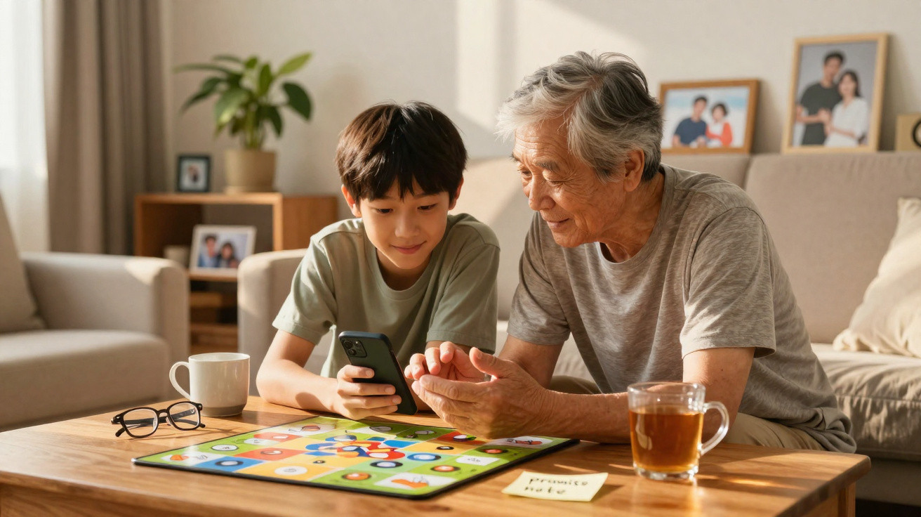 Senhor idoso e menino sentado à mesa a jogar e usar o telemóvel numa sala acolhedora.