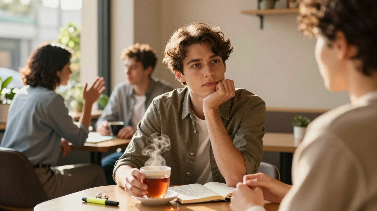 Jovem sentado num café com chá quente e caderno, conversando com outra pessoa à sua frente.