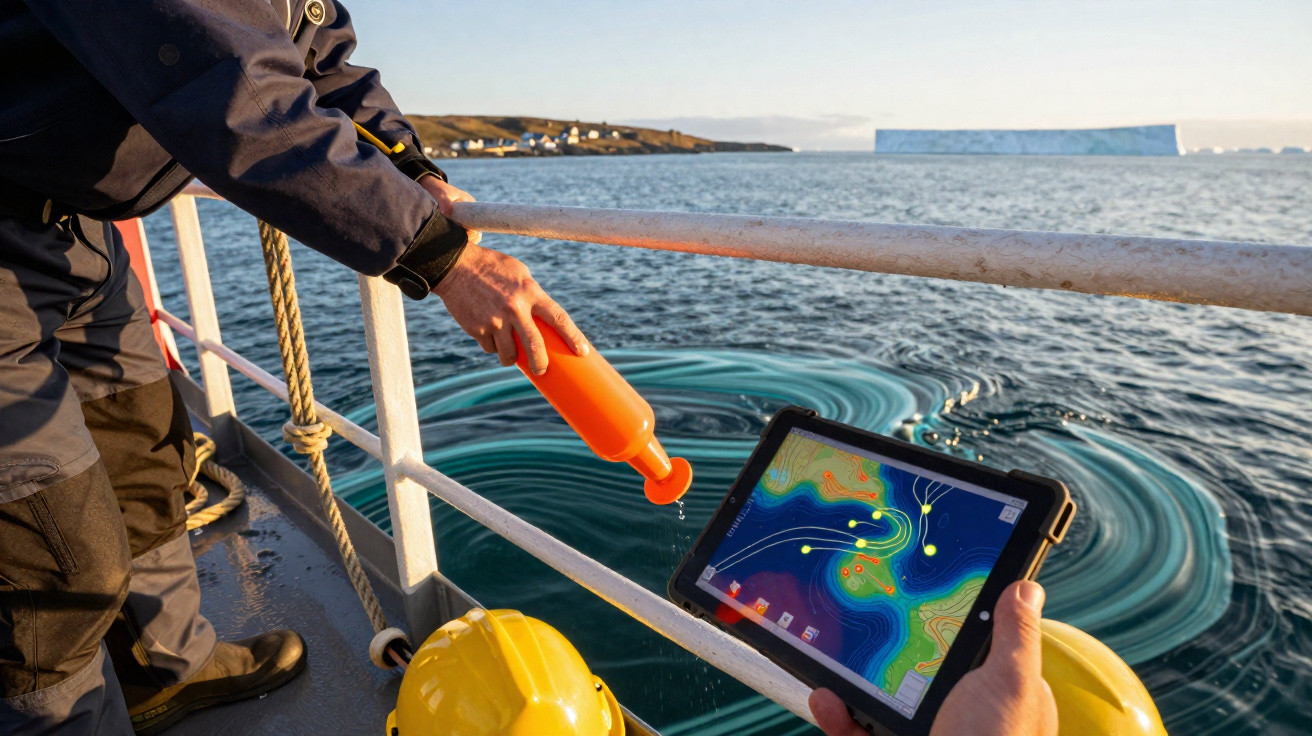 Pesquisador a bordo de barco despeja líquido na água, segurando tablet com mapas marítimos digitais.