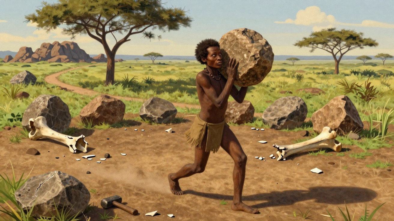 Homem pré-histórico a transportar uma pedra grande num cenário selvagem com ossos e ferramentas no chão.