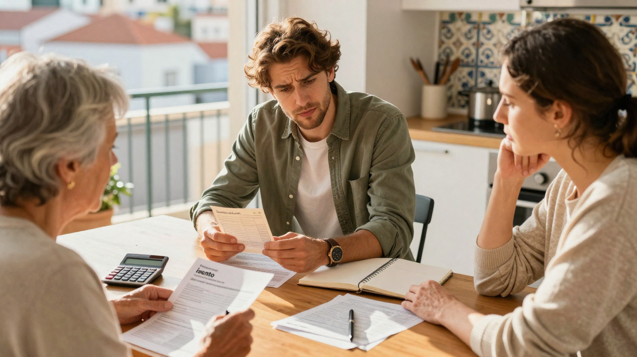 Três pessoas sentadas à mesa a analisar documentos financeiros, com calculadora e caderno.