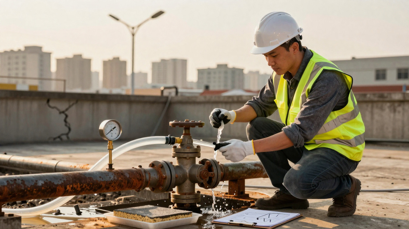 Engenheiro com equipamento de segurança inspeciona e testa tubulação de projeto industrial no exterior.
