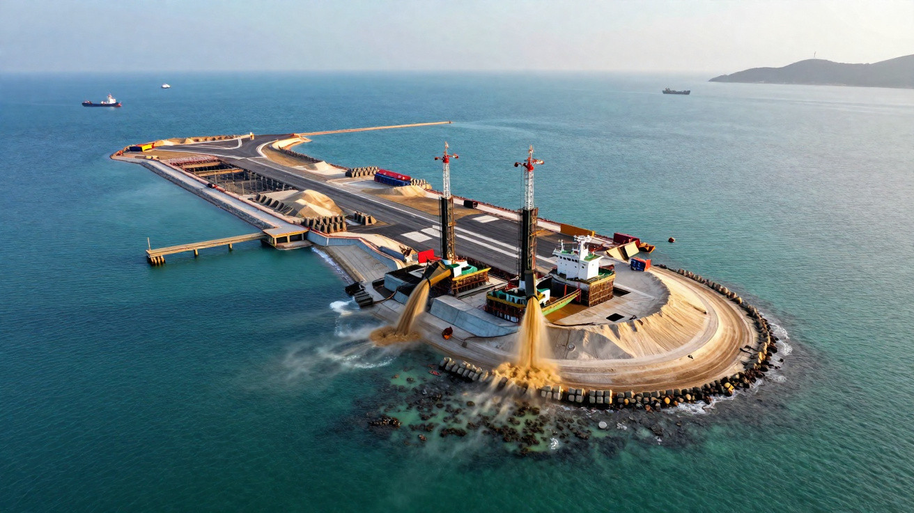 Ilha artificial em construção no mar com máquinas descarregando areia e navios ao longe.