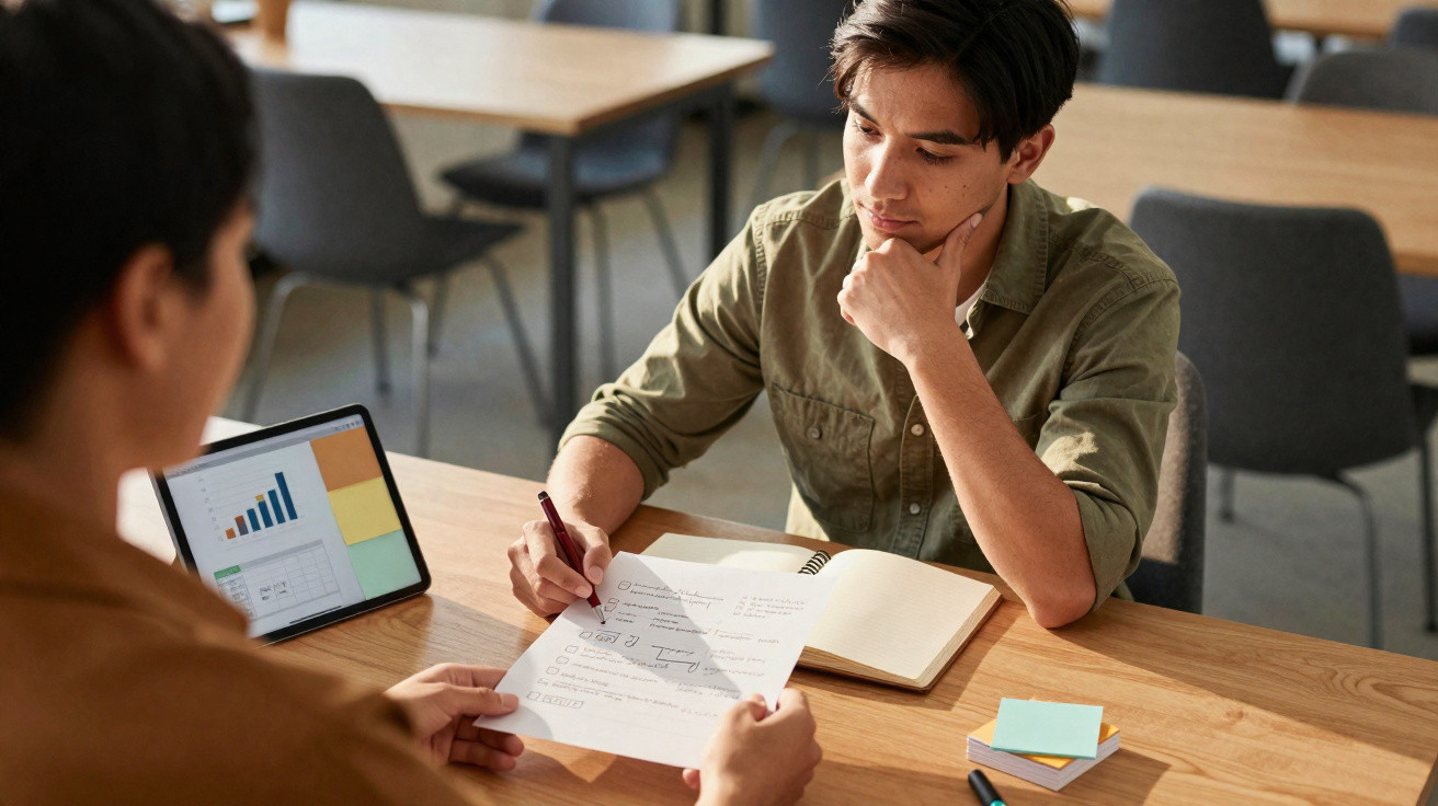 Dois jovens numa reunião de trabalho, analisando gráficos e documentos numa mesa de escritório.
