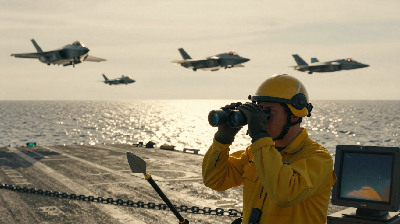 Militar com capacete e binóculos observa quatro caças aéreos sobrevoando um porta-aviões ao entardecer.
