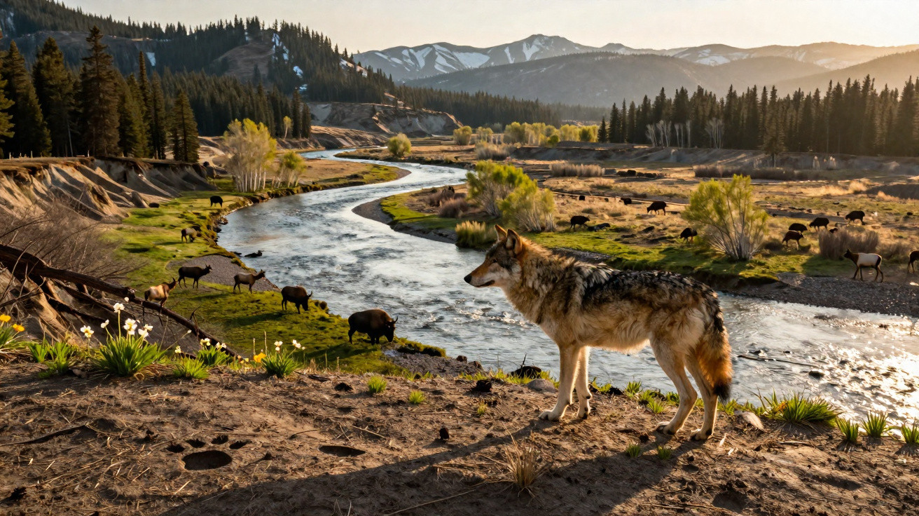 Lobo observando bisontes junto a um rio serpenteante em paisagem montanhosa ao pôr do sol.