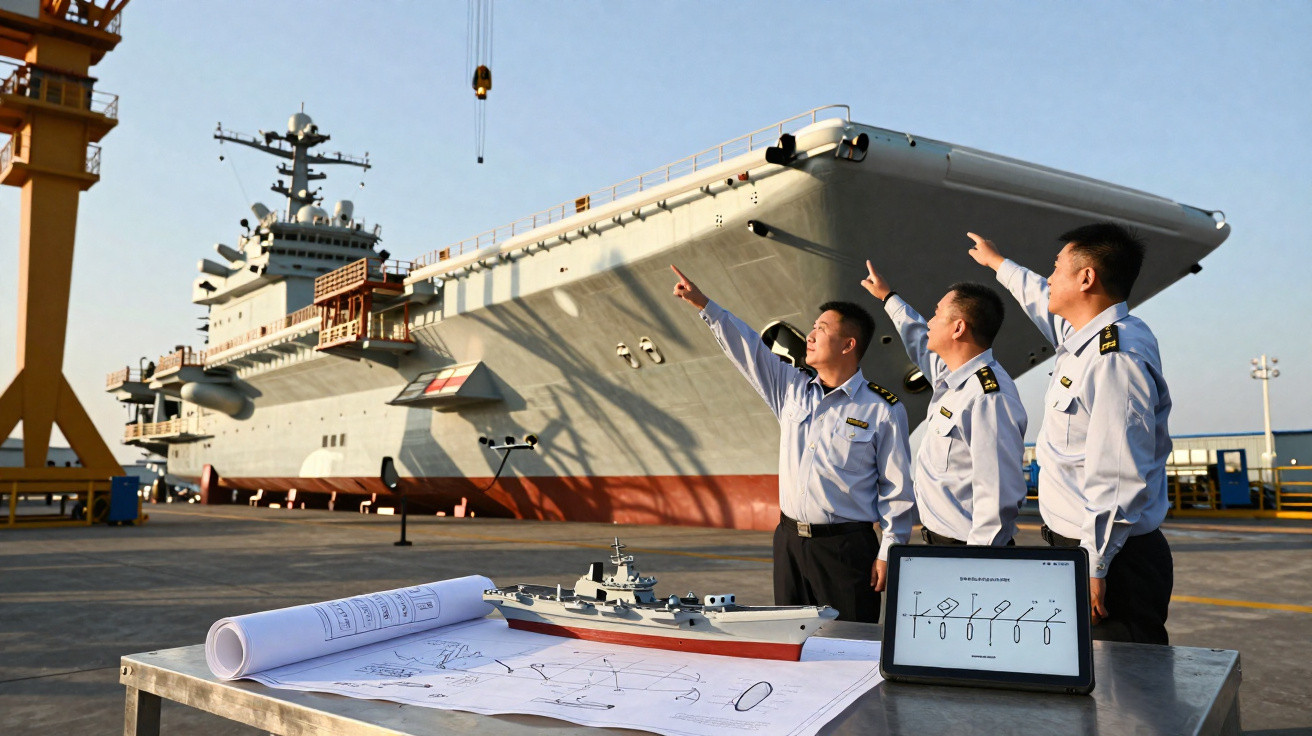 Três homens em uniforme naval apontam para um porta-aviões, com maquete e plantas na mesa à frente.