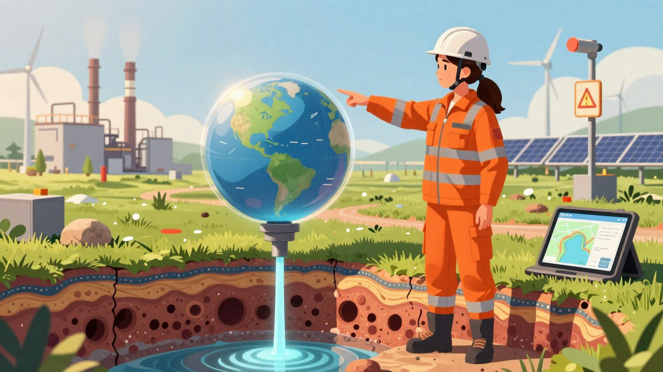 Engenheira em uniforme aponta para globo terrestre numa área com painéis solares e turbinas eólicas.