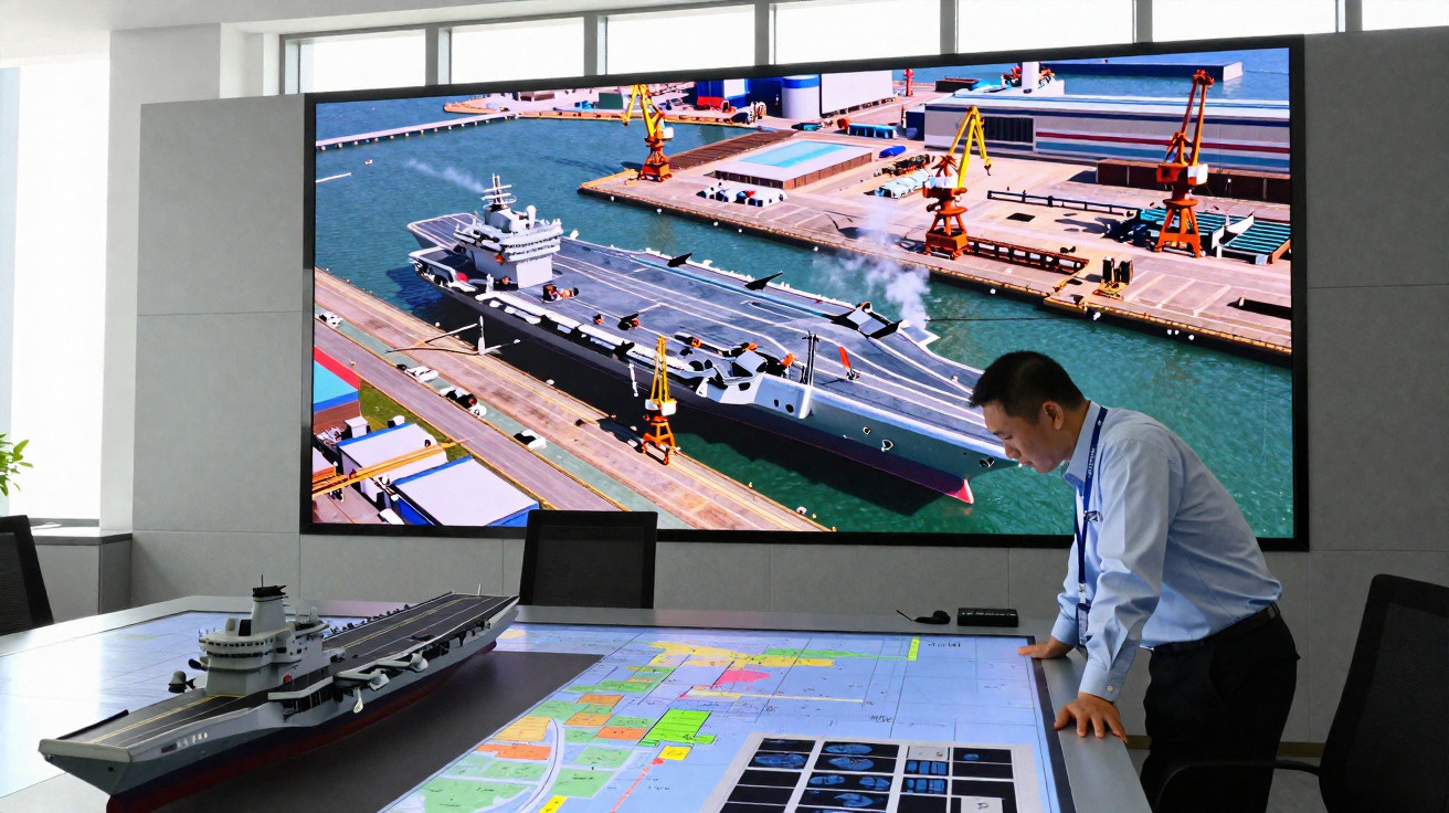 Homem a analisar maquete e ecrã grande com imagem de porta-aviões num estaleiro naval moderno.