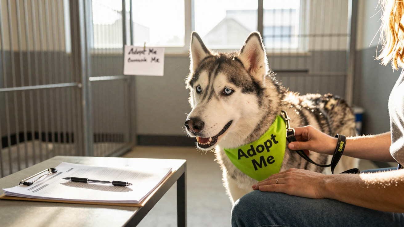 Cão husky com lenço verde "Adopt Me" ao lado de pessoa numa sala de adoção de animais.