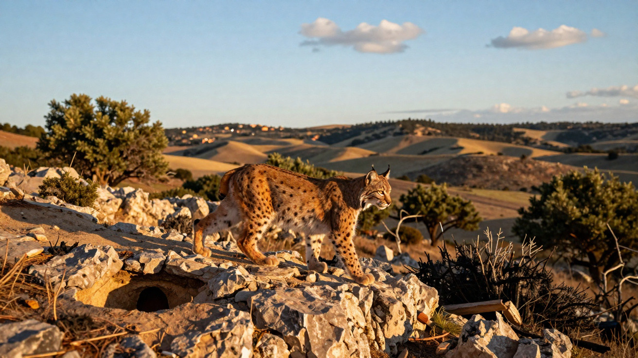 Lince ibérico em cima de rochas num habitat natural com árvores e colinas ao fundo ao pôr do sol.