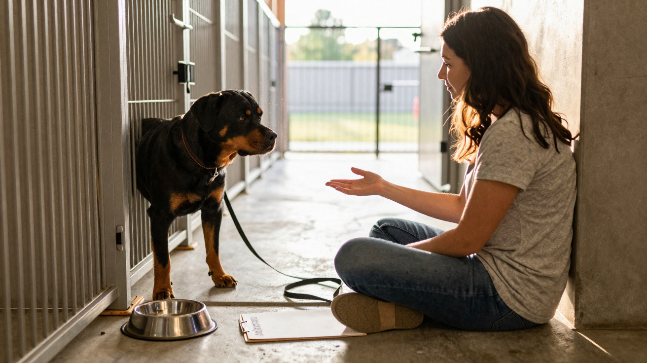 Mulher sentada no chão de um canil interage com cão rottweiler preso a trela.