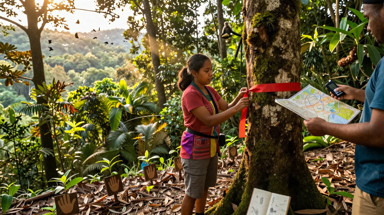 Mulher coloca fita vermelha numa árvore na floresta, homem segura mapa e dispositivo de GPS.