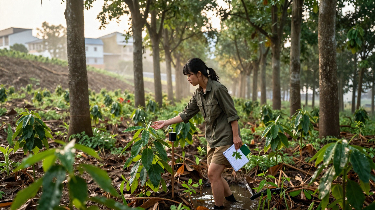 Mulher a observar planta jovem numa plantação alagada entre árvores, segurando caderno com desenho de folha.