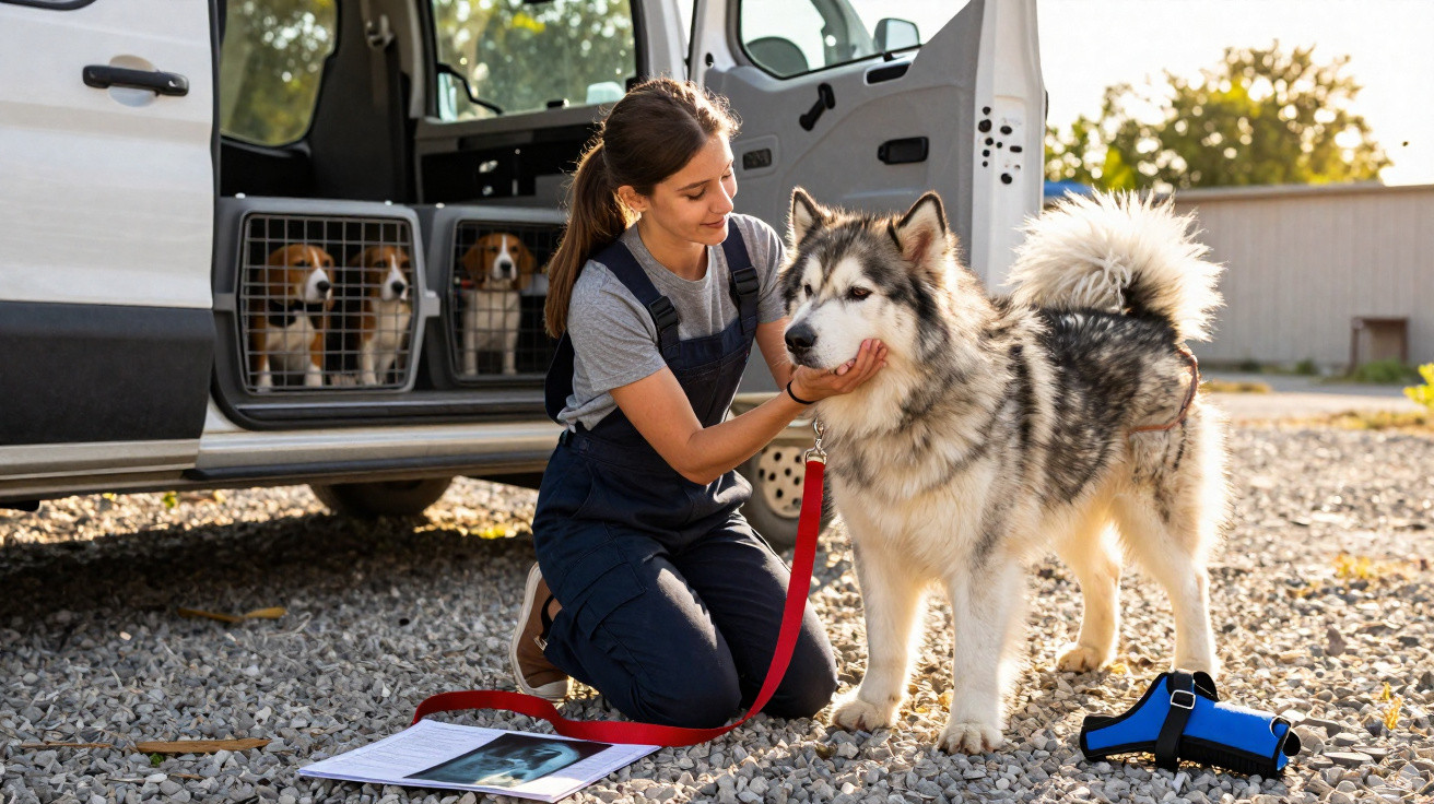 Mulher agachada a acariciar um cão husky cinzento junto a carrinha com dois cães em caixas de transporte.