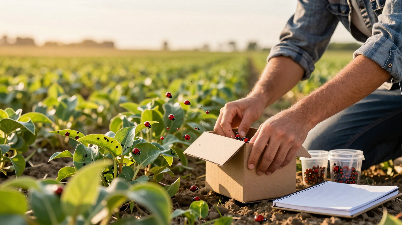 Pessoa a recolher joaninhas num campo de plantas verdes, com caixa de cartão e bloco de notas.