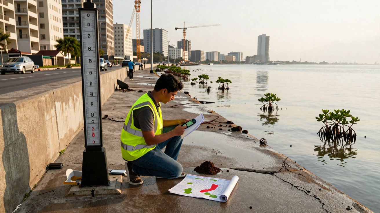 Homem com colete refletor analisa documentos junto a medidor de água numa zona ribeirinha urbana com edifícios e manguezais.